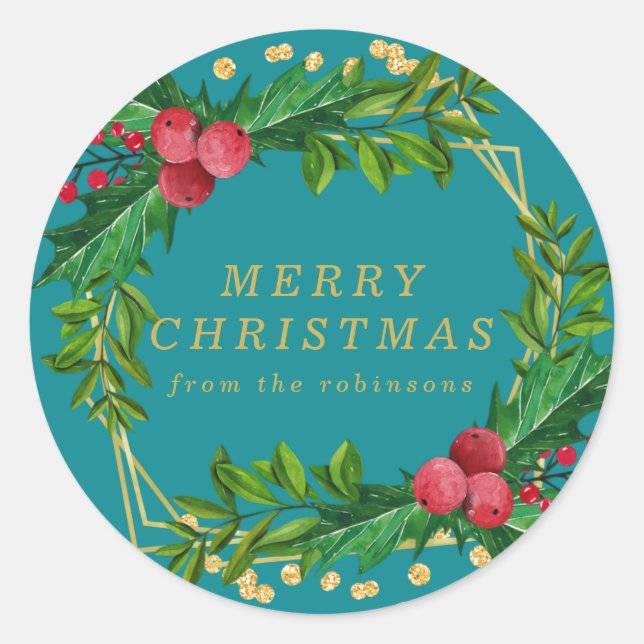 Goldene Aquamarine Familie Frohe Weihnachten Holly Runder Aufkleber (Vorderseite)