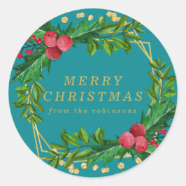 Goldene Aquamarine Familie Frohe Weihnachten Holly Runder Aufkleber