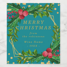 Goldene Aquamarine Familie Frohe Weihnachten Holly Weinetikett