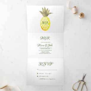 Goldene Aquarell-Ananas Pinas Tropische Hochzeit Dreifach Gefaltete Einladung