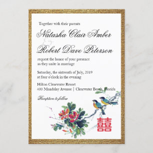 Goldene Aquarell-Blumen-Vogel Chinesische Xi-Hochz Einladung