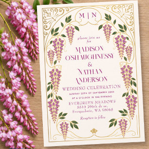 Goldene Art Nouveau Hochzeit mit rosa Wisteria Einladung