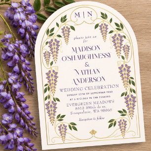 Goldene Art Nouveau Lila Wisteria Hochzeitsbogen Einladung
