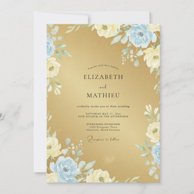 Goldene Azure-Blüten-Hochzeit Einladung (Vorderseite)