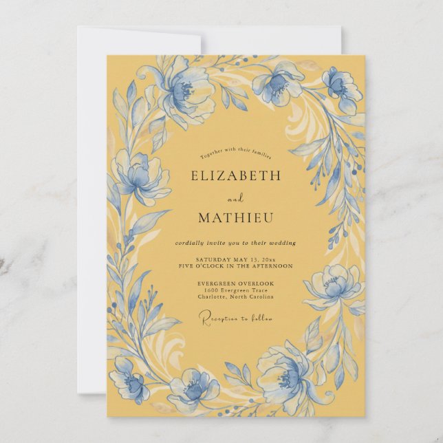 Goldene Azure Kränze Hochzeit Einladung (Vorderseite)