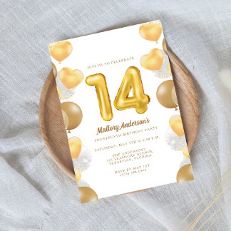Goldene Ballons 14. Geburtstagsparty Einladung