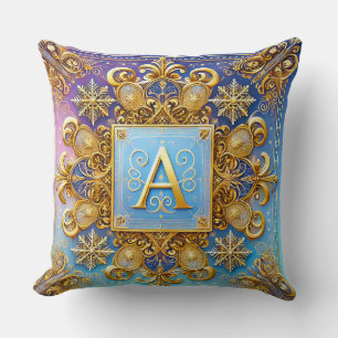 Goldene Barock-Buchstabe A Blaue Monogramm-Eleganz Kissen