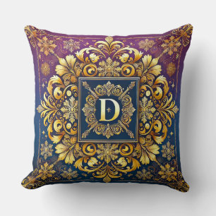 Goldene Barock-Buchstabe D Blaues Monogramm Elegan Kissen