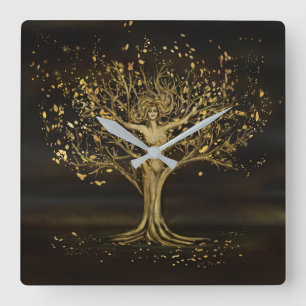 Goldene Baumgöttin Quadratische Wanduhr