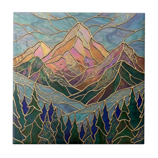 Goldene Berggipfel-Wald-Buntglas-Kunst Fliese (Vorderseite)