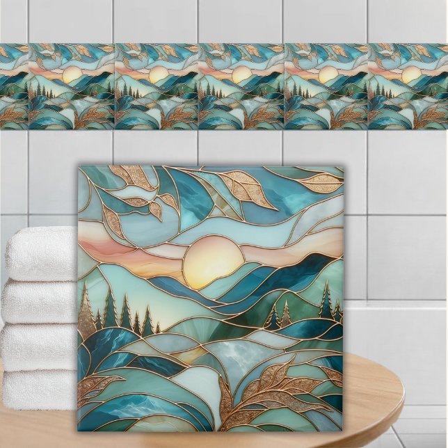 Goldene Berggipfel-Wald-Buntglas-Kunst Fliese (Von Creator hochgeladen)