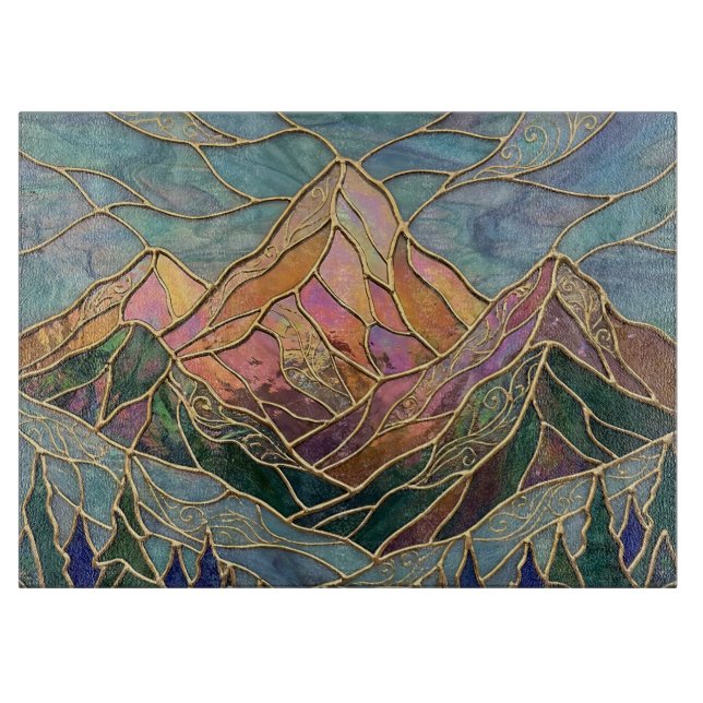Goldene Berggipfel-Wald-Buntglas-Kunst Schneidebrett (Vorderseite)