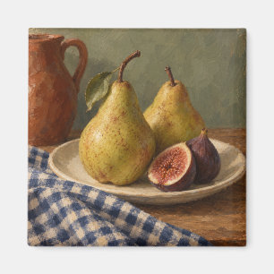 Goldene Birnen, Feigen und Indigo-Gingham-Stillleb Magnet