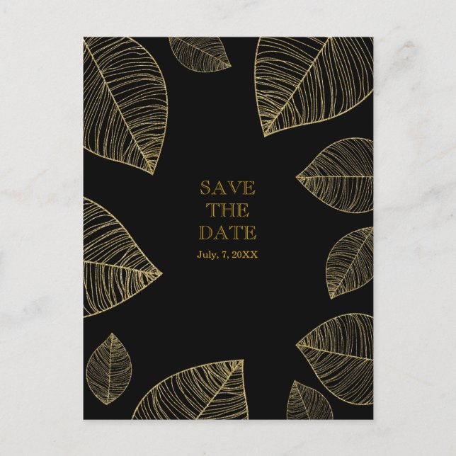 Goldene Blätter auf Black Elegant SAVE THE DATE Ankündigungspostkarte (Vorderseite)