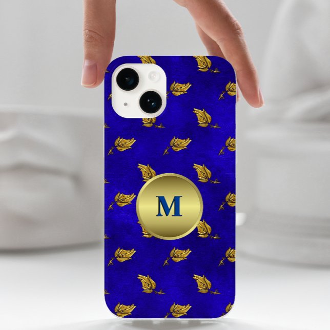 Goldene Blätter auf blauem Velvet Mit Monogramm Case-Mate iPhone Hülle (Von Creator hochgeladen)