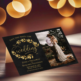 Goldene Blätter auf Schwarz mit Foto Rustikale Hoc Save The Date