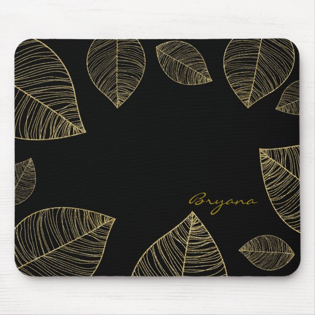 Goldene Blätter auf schwarzer eleganter Computerma Mousepad (Vorne)