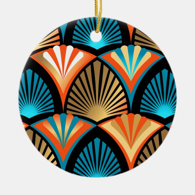 Goldene Blätter aus geometrischen Palmen im Art Dé Keramik Ornament (Vorne)