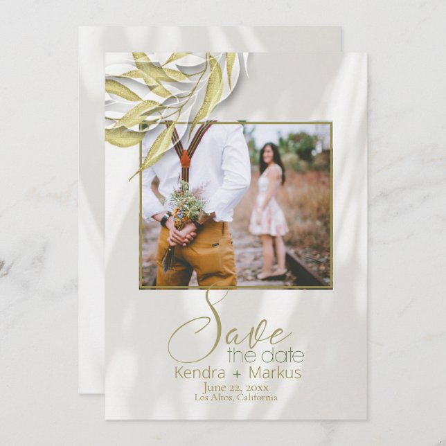 Goldene Blätter gefilterte Schatten Save the Date Einladung (Vorne/Hinten)