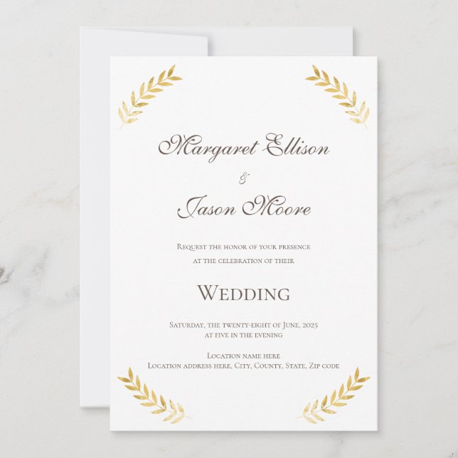 Goldene Blätter Hochzeit Gold und Braun Einladung (Vorderseite)