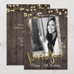 Goldene Blätter Lichter Rustikale Dunkle Holz Gebu Einladung