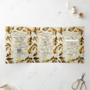 Goldene Blätter Mandel Beige Glam Herbsthochzeit Dreifach Gefaltete Einladung