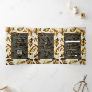 Goldene Blätter Mandel Beige & Schwarze Eleganz He Dreifach Gefaltete Einladung
