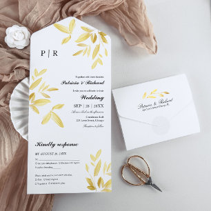 Goldene Blätter Monogramm Elegante Hochzeit All In One Einladung