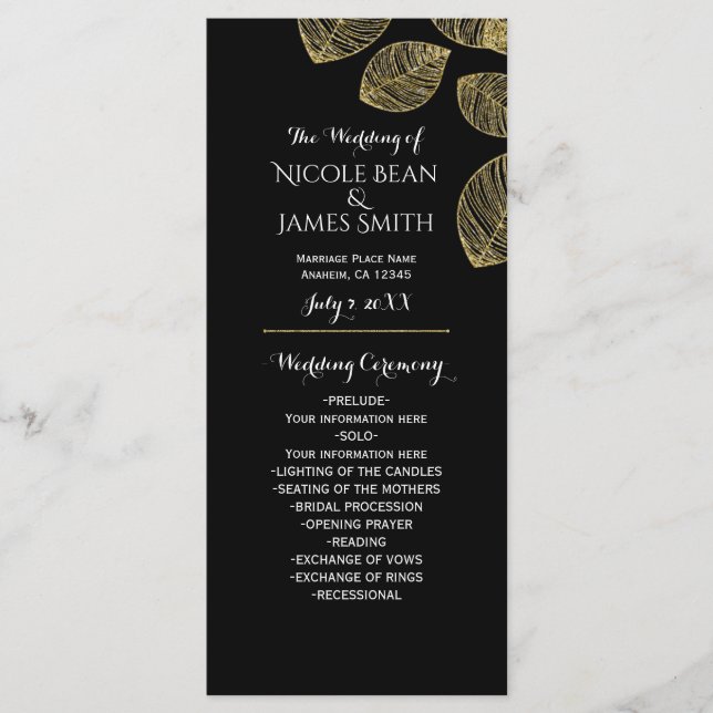 Goldene Blätter Schwarzes Herbst-Hochzeitsprogramm Programm (Vorderseite)
