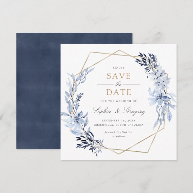 Goldene Blau-Blätter Save the Date Einladung (Vorne/Hinten)
