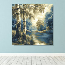 Goldene Blaue Birkenbäume an der Flusslandschaft