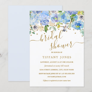 Goldene blaue florale Wasserfarbe Brautparty-Einla Einladung