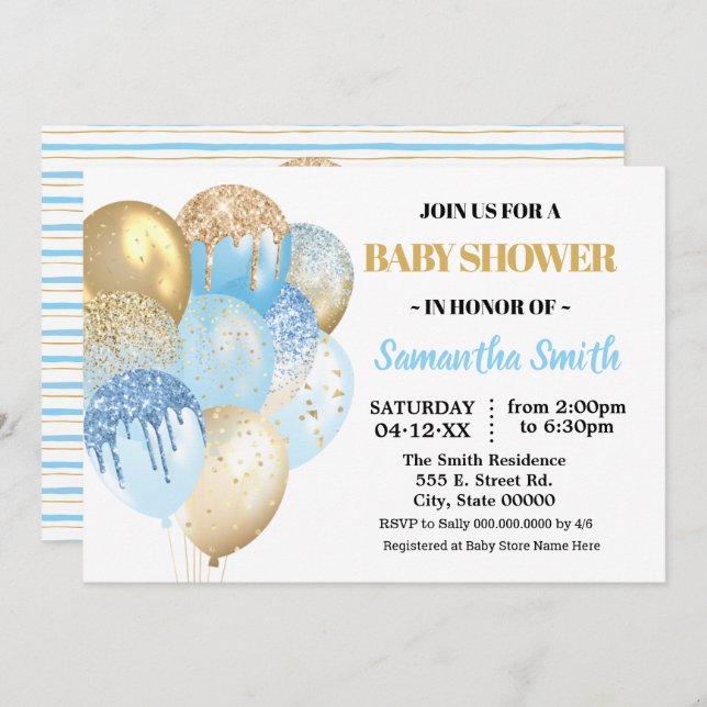 Goldene Blauer Glitzer Balloons Kinderdusche Einladung (Vorne/Hinten)