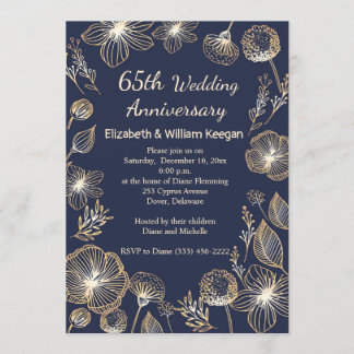 Goldene Blume auf blauem 65. Hochzeitstag Einladung