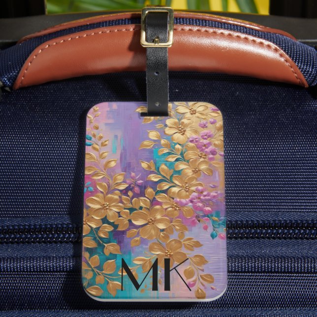 Goldene Blume auf rosa Lilac Türkis gestrichen Gepäckanhänger (Vorderseite Insitu 2)