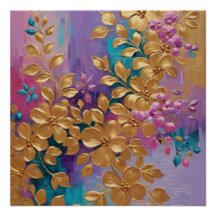 Goldene Blume auf rosa Lilac Türkis gestrichen Poster