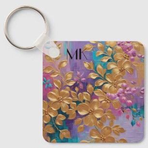 Goldene Blume auf rosa Lilac Türkis gestrichen Schlüsselanhänger