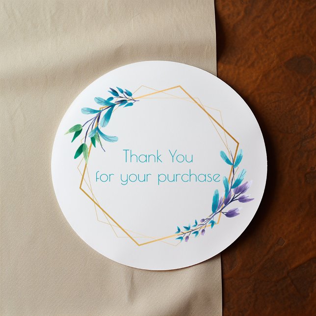 Goldene Blume "Danke für Ihren Kauf" Runder Aufkleber (Round white thank you sticker with gold frame and watercolor botanical accents)