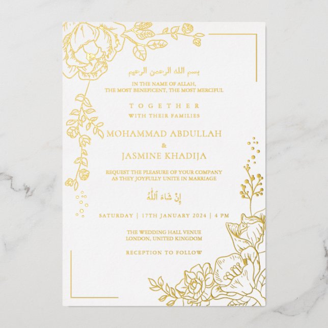 Goldene Blume Moderne muslimische Hochzeit Nikah Folieneinladung (Vorderseite)