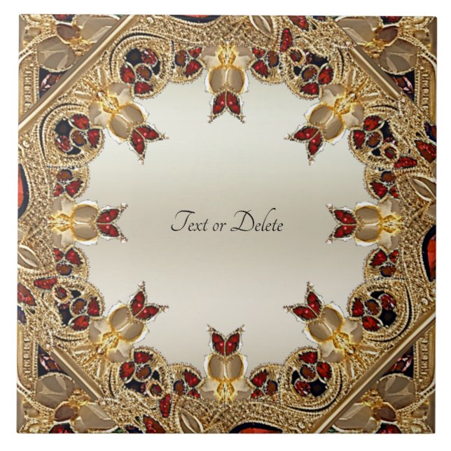 Goldene Blume Roter Edelstein Keramik Tile Fliese (Vorderseite)