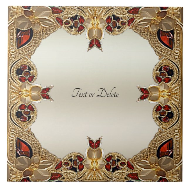 Goldene Blume Roter Edelstein Keramik Tile Fliese (Vorderseite)