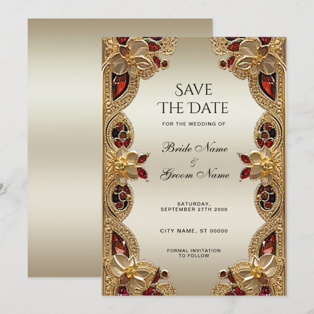 Goldene Blume Roter Gemstone Splendor Save the Dat Date (Vorne/Hinten)