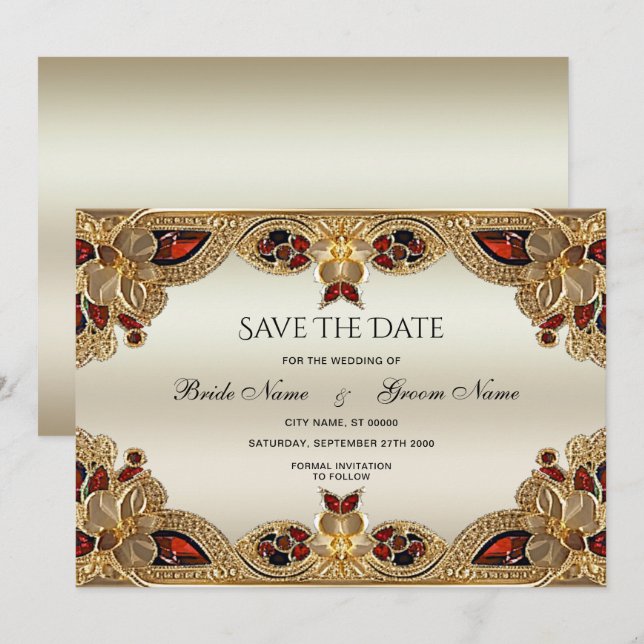 Goldene Blume Roter Gemstone Splendor Save the Dat Date (Vorne/Hinten)