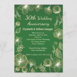 Goldene Blumen auf grünem 30. Hochzeitstag Einladung