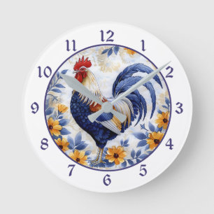 Goldene Blumen Blau Hahn Farmhouse Runde Wanduhr
