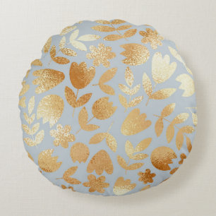 Goldene Blumen, blauer Hintergrund, Folienimitatio Rundes Kissen
