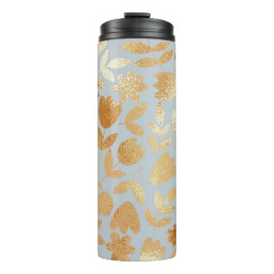 Goldene Blumen, blauer Hintergrund, Folienimitatio Thermosbecher