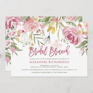Goldene Blumen erröten rosa Aquarell-BrautBrunch Einladung
