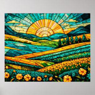 Goldene Blumen Grüne Landschaft Falsches Buntglas Poster