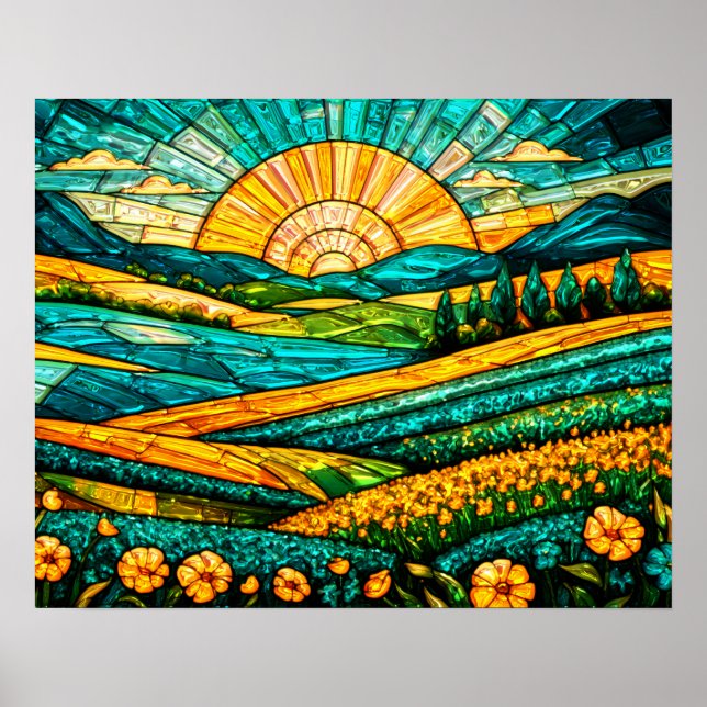 Goldene Blumen Grüne Landschaft Falsches Buntglas Poster (Vorne)